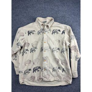 VNTG Blue Rose Shirt Mens L Cream Bear Buffalo Animal Print Button Down Western